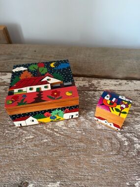 Hand Crafted Red, Blue, Yellow Painted Wooden Trinket Boxes